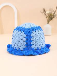 1pc Women's Handmade Crochet Multi-Color Floral Accent Y2K Style Casual Cute Bucket Hat For Daily Wear - Royal Blue - View 3