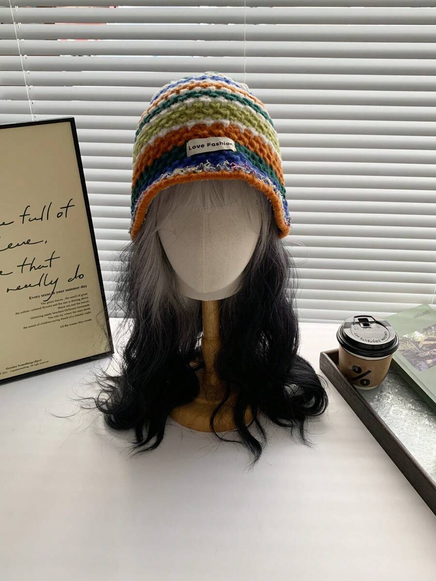 1入組彩虹色y2k條紋鉤針編織漁夫帽,冬季,可愛且保暖,男女皆宜 - 橘色 - 查看 1