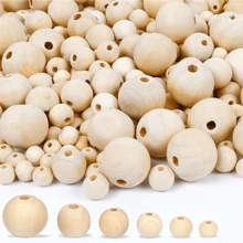 Diy手作木珠7尺寸自然無漆圓形木珠批發6mm、8mm、10mm、12mm、14mm、16mm、20mm珠子,適用於垂飾、攀繩編織、珠寶製作、農家裝飾 - 原木色珠子 - 查看 1