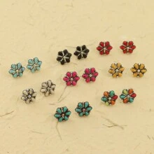 1 对老式擦洗/古董银绿松石小花耳环，适合女士波西米亚西方珠宝节日礼物情人节、妈妈、母亲、母亲节、礼物 - 小花朵耳環 - 查看 10