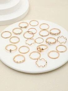 22pcs Fashionable Heart Shaped Ring Set, Simple Geometric Design With Rhinestone Embellishment, Bohemian Style - Gold - View 5