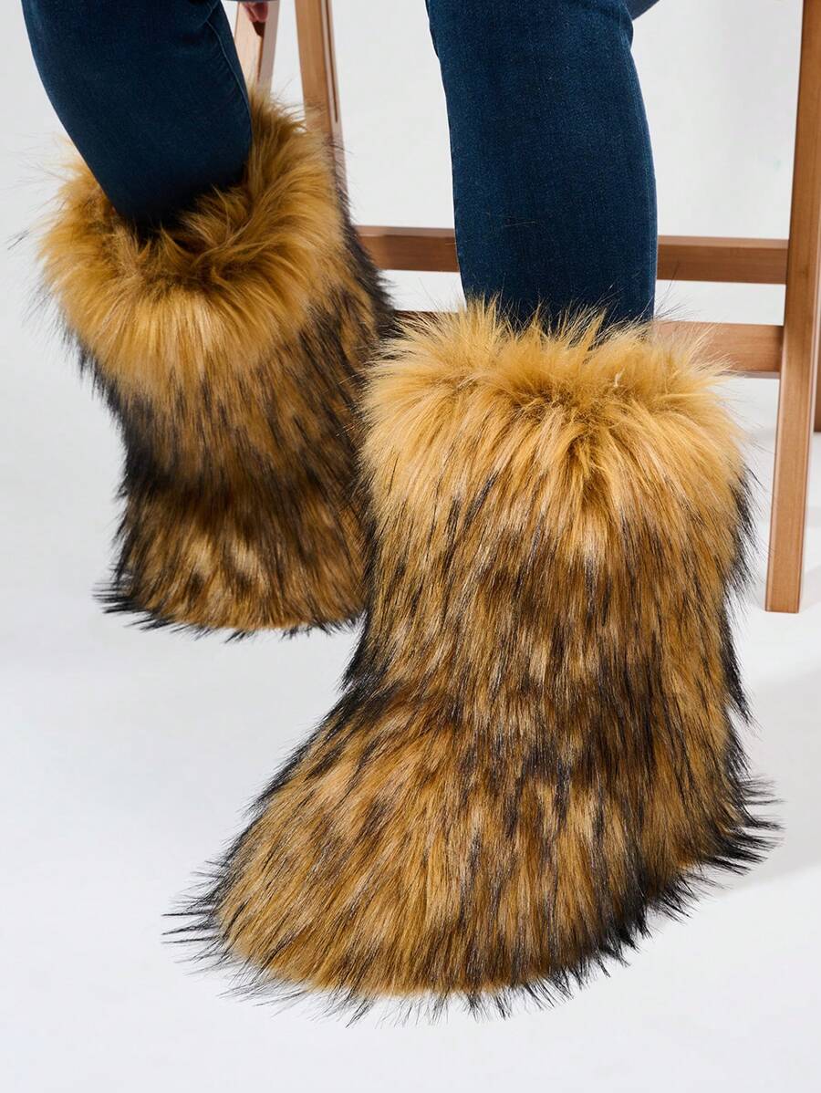 Fashion  Women's Winter Warm Fur Boots With Mid-calf Length With, Fleece & Anti-skid Sole, Personality leisure Slippers Design - màu nâu - Xem 1
