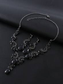 2 件女式新娘珠寶套裝(項鍊和耳環),誇張風格適合婚禮、晚會,白色和金色 - 黑色 - 查看 3