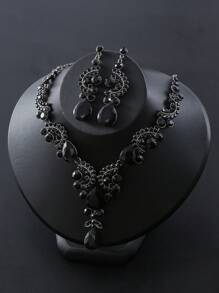 2 件女式新娘珠寶套裝(項鍊和耳環),誇張風格適合婚禮、晚會,白色和金色 - 黑色 - 查看 1
