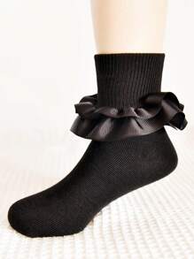 1 Par Calcetines De Tobillo De Princesa Para Niña Con Diseño De Doble Capa, Cintas De Raso Y Encaje, Aptos Para Uso Diario - Negro - Ver 2