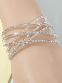 歐美誇張輕奢6層全水鑽十字鋼絲彈性開口手鍊鍍銀爪鏈個性手飾 - 銀色 - 查看 12