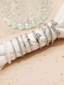 9套新的外貿歐美蝴蝶鑽戒混合批發珍珠戒指女生熱門的聯合戒指套裝 - 9件套裝 - 查看 3