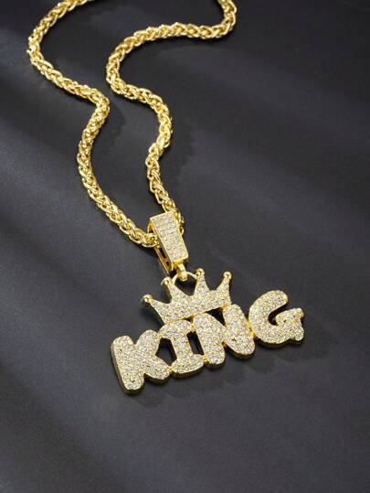 1pc Unisex Silver Iced Crown & King Letter Pendant Chunky Chain Necklace, Bling Bling Cubic Zirconia Necklace Suitable For Men And Women Daily Wear