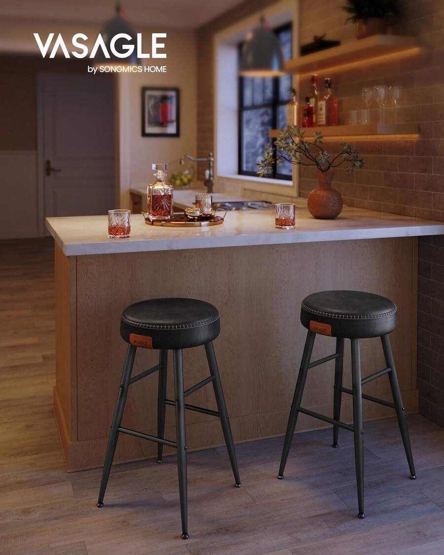 SONGMICS Echo Collection Bar Stools Set Of 2, Kitchen Counter Stools, Breakfast Stools, Synthetic Leather With Stitching, 24.8-Inch Tall, Home Bar Dining Room, Easy Assembly - 純黑 - 查看 1