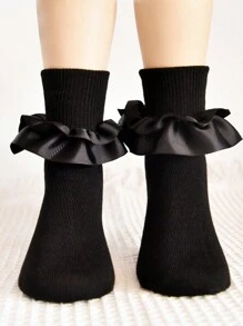 1 Par Calcetines De Tobillo De Princesa Para Niña Con Diseño De Doble Capa, Cintas De Raso Y Encaje, Aptos Para Uso Diario - Negro - Ver 1