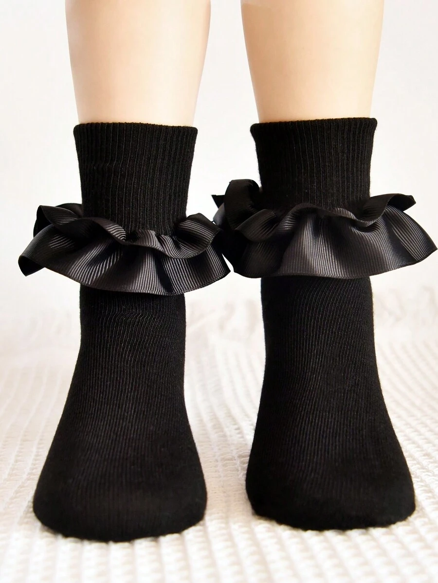 1 Par Calcetines De Tobillo De Princesa Para Niña Con Diseño De Doble Capa, Cintas De Raso Y Encaje, Aptos Para Uso Diario - Negro - Ver 1