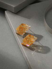 1對甜美時尚樹脂多邊形耳環,帶有真實乾燥的花朵,適合女士戴於派對、婚禮、假日、購物和日常穿著