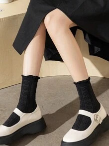 5 双女士纯黑白色长筒蕾丝透气网眼绒袜，甜美女孩学院风 JK 百搭中筒袜，秋季 - 黑色 - 查看 3