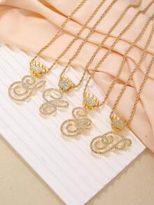 1入新款嘻哈皇冠和26個字母鑲鑽掛墜,不鏽鋼個性化項鍊 - 金色 - 查看 4