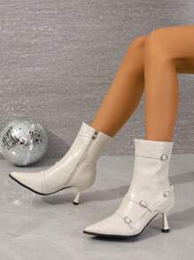 2023秋冬时尚尖头高跟靴白色皮带扣踝靴细筒法式女高跟短靴细跟冬季保暖内衬靴英伦风百搭细筒靴 - 白色 - 查看 2