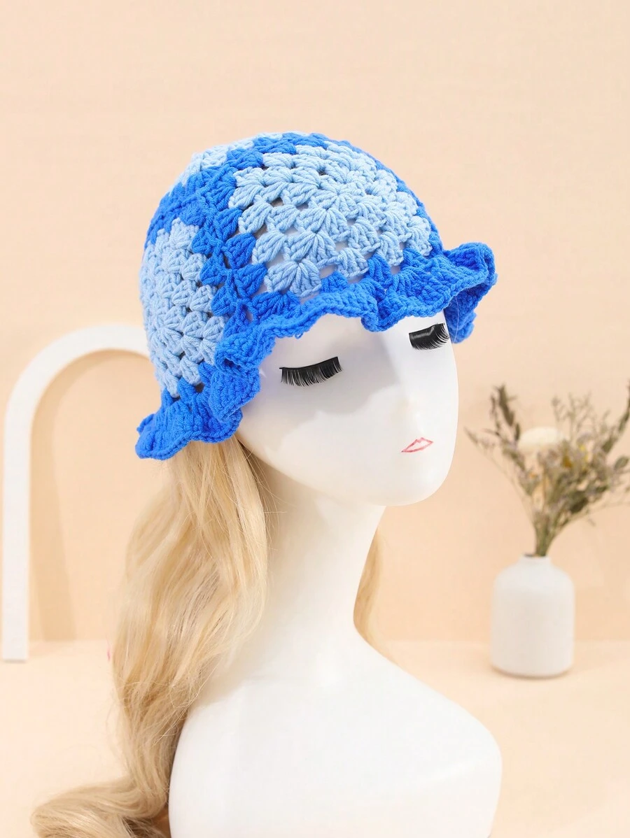 1pc Women's Handmade Crochet Multi-Color Floral Accent Y2K Style Casual Cute Bucket Hat For Daily Wear - Royal Blue - View 1