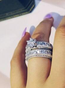 2pcs Exquisite Fashion New Design Silver Color  Wedding Ring Set For Women Engagement Finger Anniversary Gift Banquet Jewelry Royal Tiaras