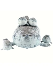 海豹毛絨玩偶枕頭包,母海豹毛絨枕頭與4個海豹寶寶娃娃,3d新奇拋枕,完美生日聖誕禮物 - 深灰色 - 查看 2