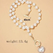1pc High-Grade Fashionable Minimalist Style Clavicle Necklace With Ot Clasp, Faux Pearl & Heart Pendant For Women Valentines - White - View 4