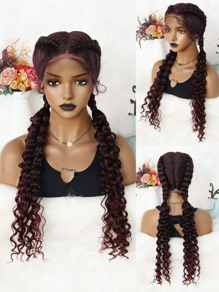 13*12*0.5 编织蕾丝前假发，带婴儿头发，长酒红色混合棕色编织假发，双扭荷兰编织假发，卷发尾，非洲式玉米辫盒状辫子发型，自然预拔完美发际线高清蕾丝假发，中分风格，优质合成耐热高温纤维头发，时尚百搭假发，女士日常角色扮演假发和 1 件假发帽 - 酒紅色 - 查看 1