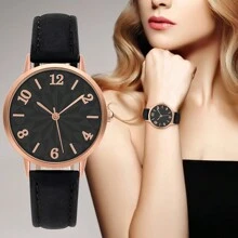 1pc Women's Elegant & Fashionable Minimalist Line Patterned Dial Leather Strap Quartz Watch For Daily Wear