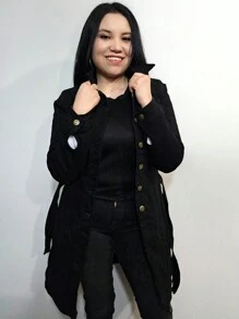 Fully Plush Trench Style Long Denim Jacket With Belt And Pockets - Black - View 2