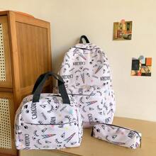 三件式可愛學生包新款休閒背包輕量旅行背包ins風格卡通圖案時尚包 - 彩色 - 查看 1