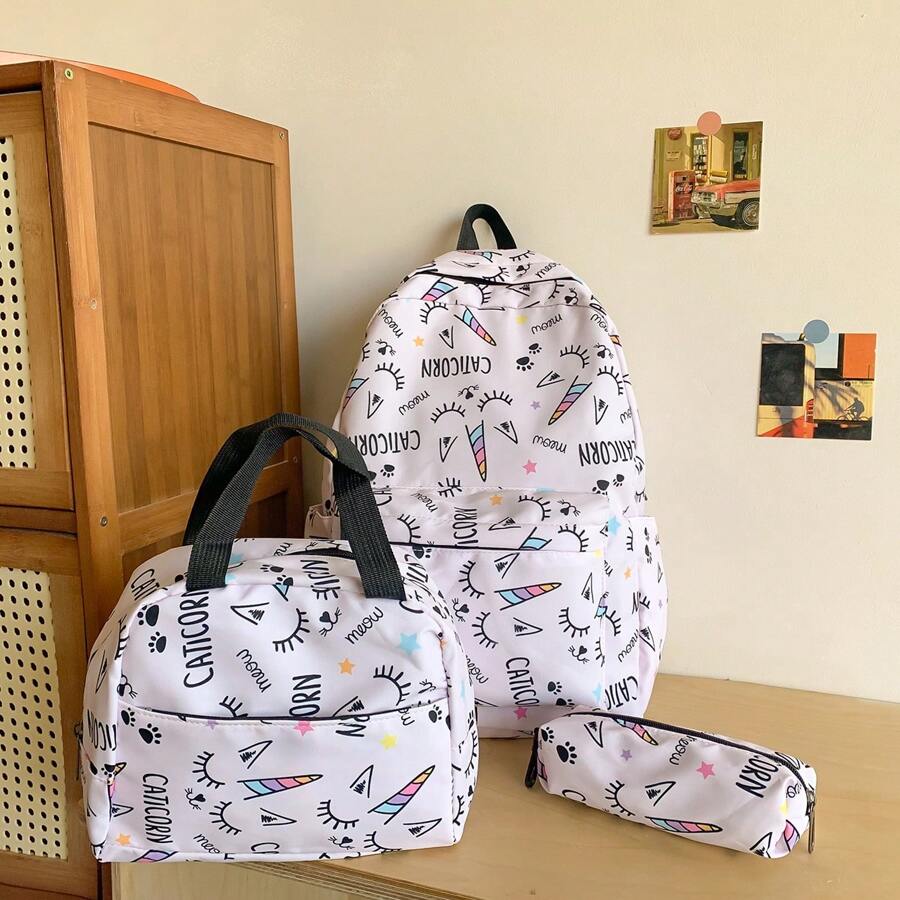 三件式可愛學生包新款休閒背包輕量旅行背包ins風格卡通圖案時尚包 - 彩色 - 查看 1