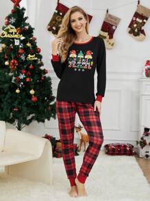 2pcs Women Santa Claus Plaid Long Sleeve Pajama Set - Black - View 3