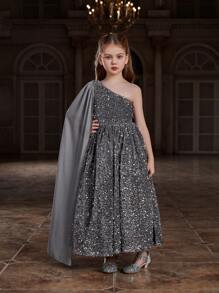 Tween Girl Shoulder Strap Sparkly Dress With Chiffon Ribbon Details - Grey - View 4