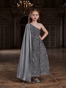 Tween Girl Shoulder Strap Sparkly Dress With Chiffon Ribbon Details - Grey - View 5