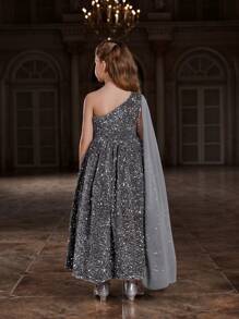 Tween Girl Shoulder Strap Sparkly Dress With Chiffon Ribbon Details - Grey - View 2