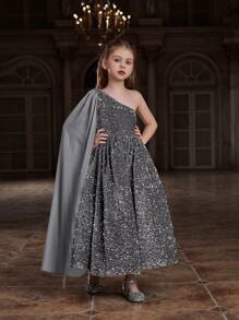 Tween Girl Shoulder Strap Sparkly Dress With Chiffon Ribbon Details - Grey - View 1
