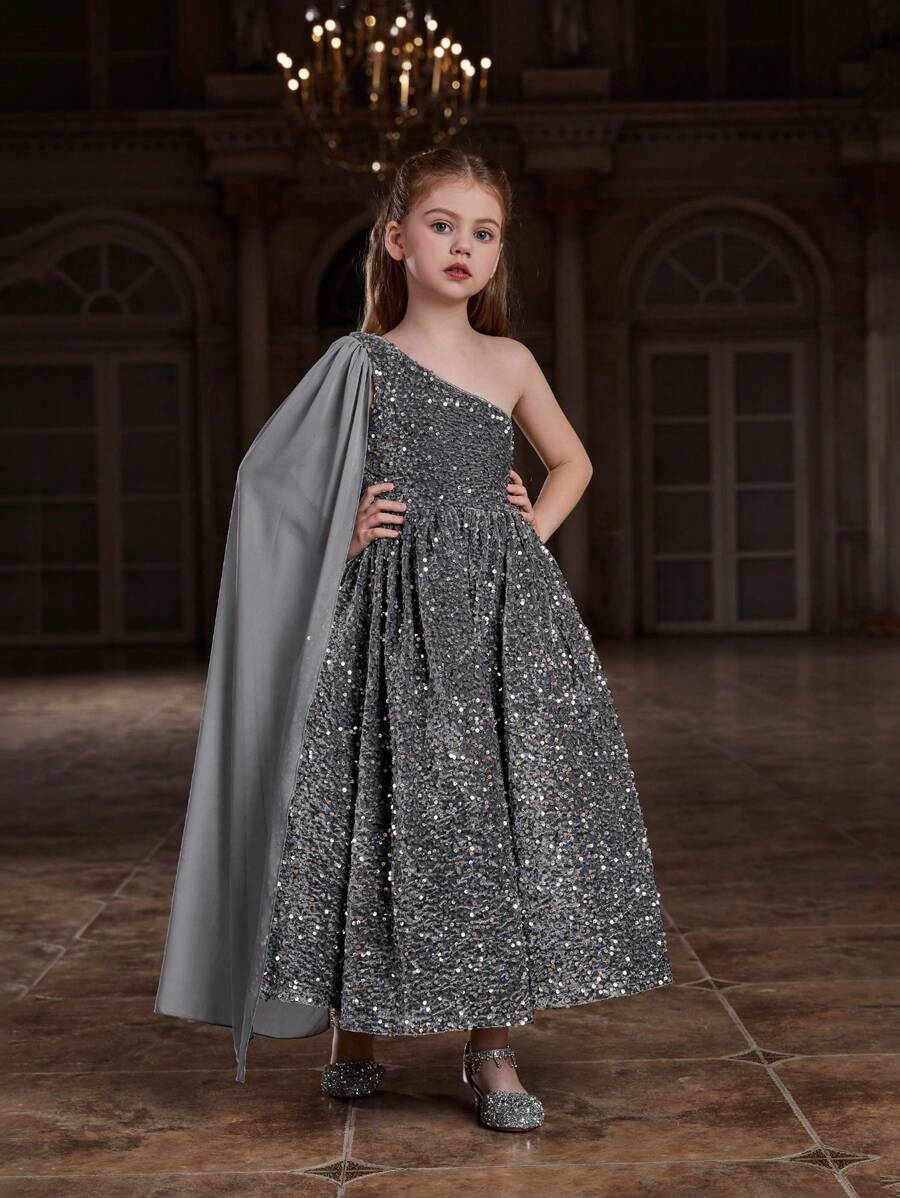 Tween Girl Shoulder Strap Sparkly Dress With Chiffon Ribbon Details - Grey - View 1