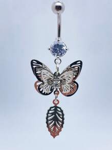 1 Unidad Anillo De Ombligo Estilo De Moda En Forma De Mariposa Con Incrustaciones De Diamantes En Acero Inoxidable Para Mujeres - Plateado - Ver 2