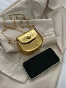 極簡主義風格pu小鏈肩袋,鱷魚紋飾,口紅和配飾便攜斜背袋,紅色 - 金色 - 查看 6