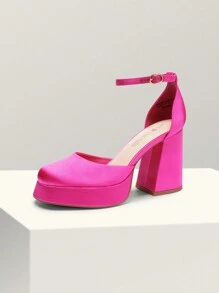 Women Chunky Platform High Heels Closed Toe Block Ankle Strap Dress Prom Wedding Party Pumps Shoes - 玫紅色 - 查看 4