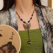 1pc New Chinese Style Handmade Vintage Butterfly Ceramic Necklace With Drawstring Chain - Bronze - View 1