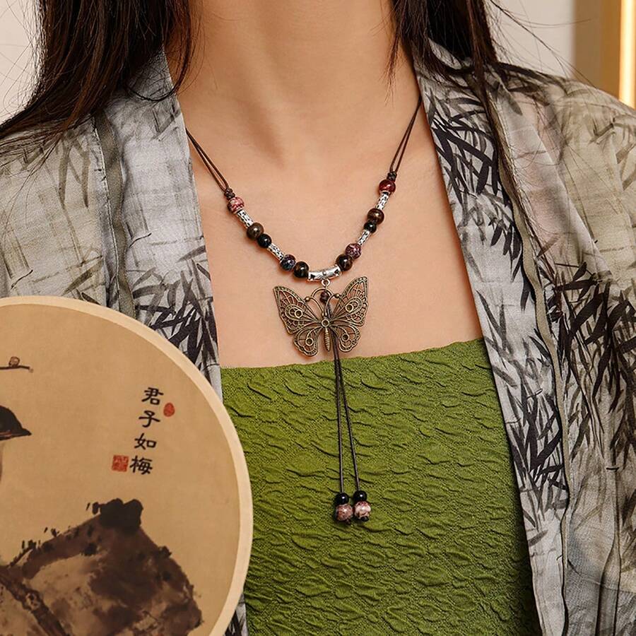 1pc New Chinese Style Handmade Vintage Butterfly Ceramic Necklace With Drawstring Chain - Bronze - View 1