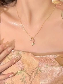 1條甜美優雅的鬱金香和珍珠設計項鍊(附極簡珠寶墜飾),豪華女性鎖骨鍊,適合日常佩戴 - 粉色 - 查看 3