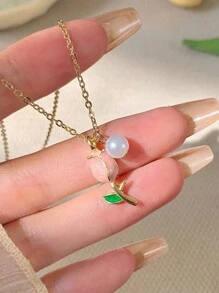 1條甜美優雅的鬱金香和珍珠設計項鍊(附極簡珠寶墜飾),豪華女性鎖骨鍊,適合日常佩戴 - 粉色 - 查看 4