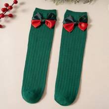 1雙聖誕節女童襪子,中長筒,蝴蝶結與花邊設計,適合寶寶公主風格,適用於秋冬長筒襪 - 綠色 - 查看 5
