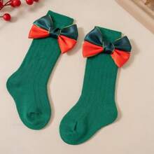 1雙聖誕節女童襪子,中長筒,蝴蝶結與花邊設計,適合寶寶公主風格,適用於秋冬長筒襪 - 綠色 - 查看 3