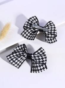 2pcs/Pack Girls Classic Black & White Houndstooth Bow Hair Clips - Multicolor - View 4