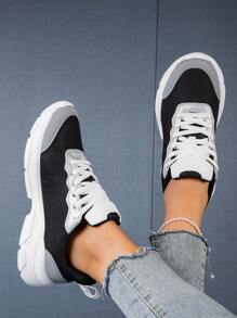 女士休闲简约透气黑色圆头软底系带低帮厚底运动鞋，户外网眼布鞋，适合四季 - 黑色 - 查看 3