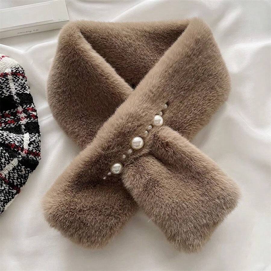 Dày Sang trọng Trân châu Vượt qua Khăn quàng cổ - Màu Khaki - Xem 1