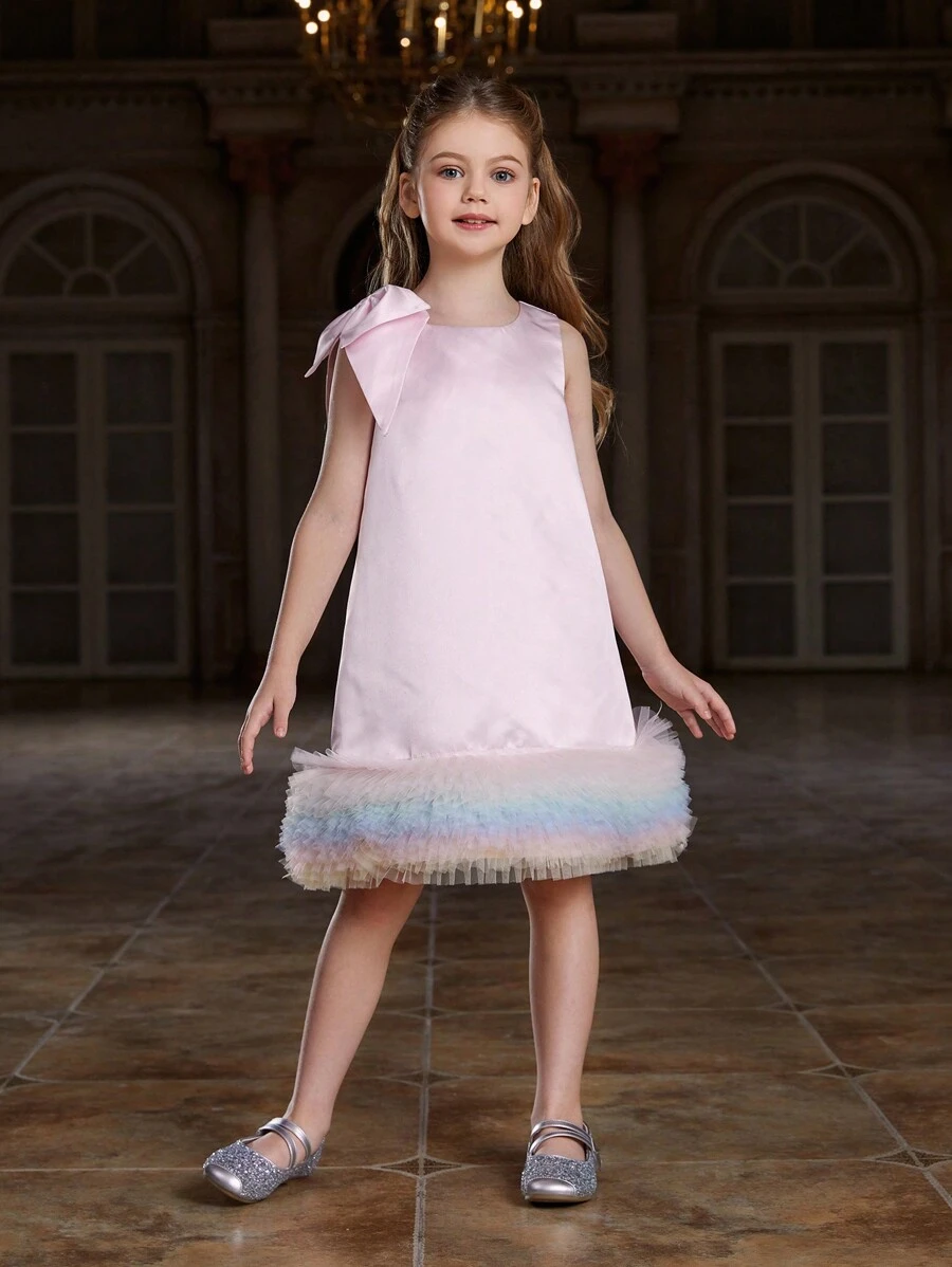 Girls' Round Neck Sleeveless Rainbow Tulle Hem Dress