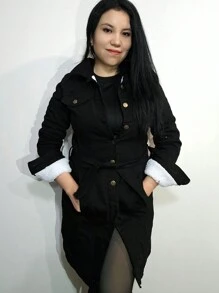 Fully Plush Trench Style Long Denim Jacket With Belt And Pockets - Black - View 10