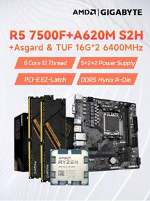 Amd R5 7500f 和 Gigabyte A620m S2h 主板和 Asgard Tuf Ddr5 16gb*2 6400mhz 内存套装；6 核 12 线程；4 个 Sata 3.0、1 个 M.2 Pcie 4.0；DP+ - 黑色 - 查看 1