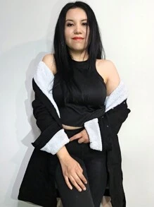 Fully Plush Trench Style Long Denim Jacket With Belt And Pockets - Black - View 9